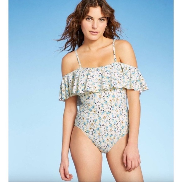 NWT Sea Angel One Piece Swimsuit Floral Print Off Shoulder Ruffle Sz Large - Picture 2 of 9